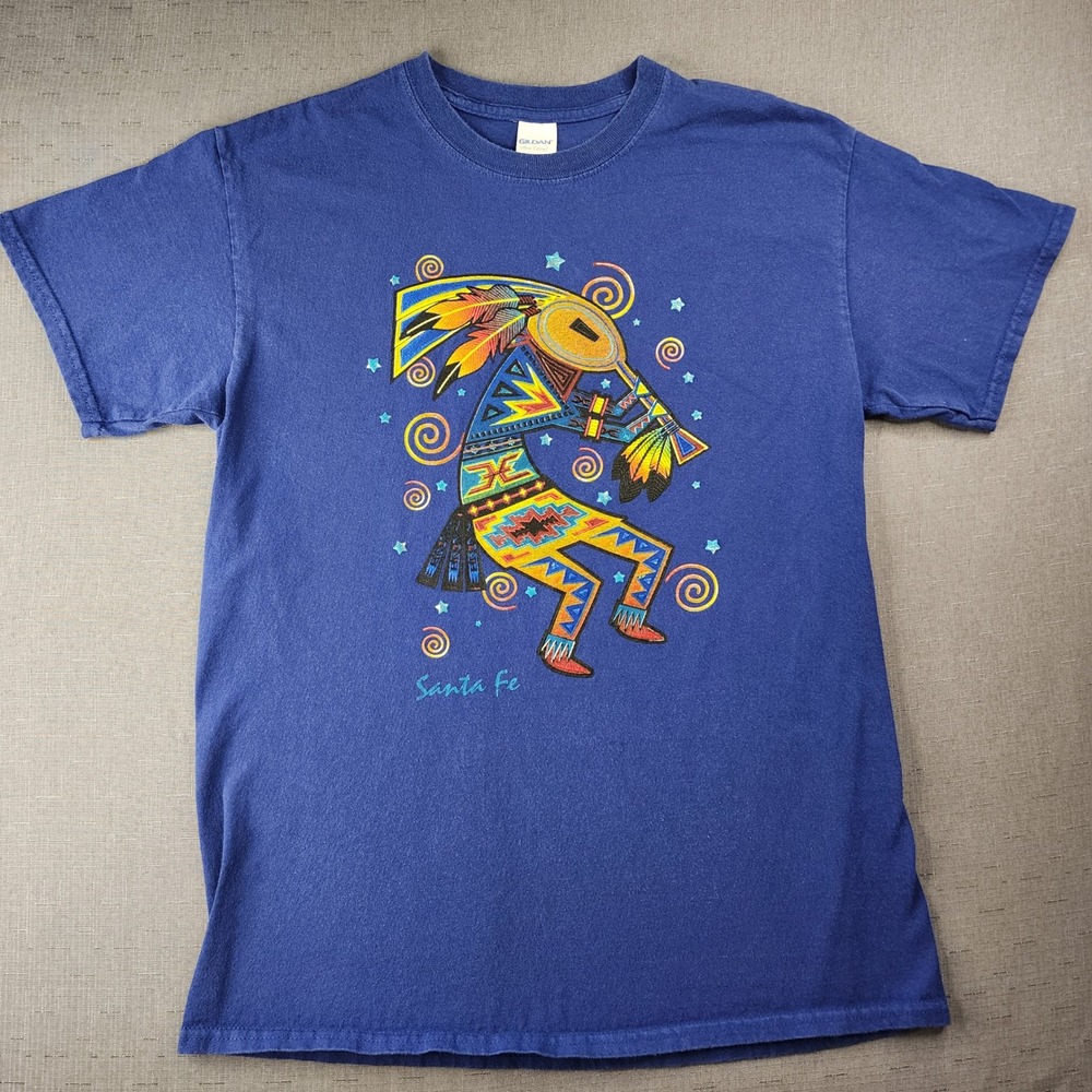 Vintage 90s Gildan Santa Fe Kokopelli T Shirt Blue Medium Southwestern Graphic